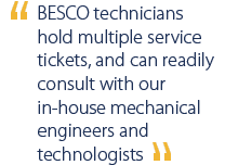 BESCO technicians hold multiple service tickets, and can readily consult with our in-house mechanical engineers and technologists